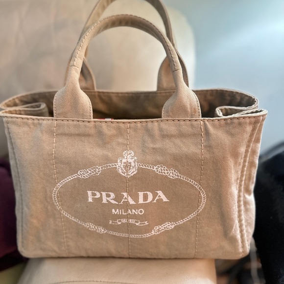 Authentic Prada Canvas Logo Tote Bag – Beige / Off-White - Picture 3 of 16
